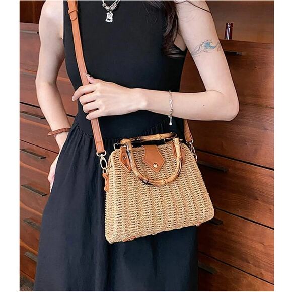 Straw Rattan Handbag Women Khaki Light Top Handle Crossbody Summer Beach Bag - Picture 2 of 9